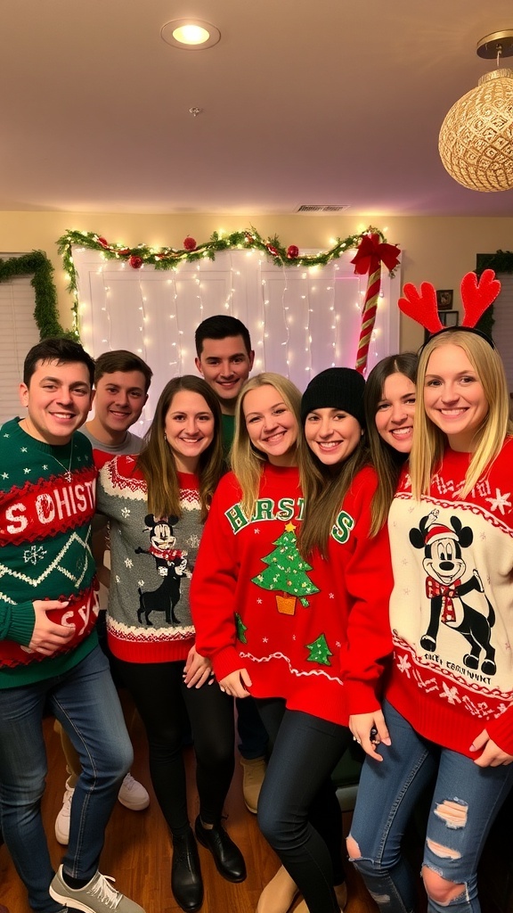 Ugly Christmas Sweater Party Outfits Friends wearing ugly Christmas sweaters at a festive party, surrounded by holiday decorations.